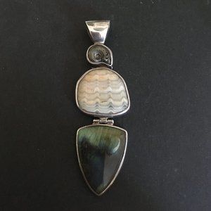 Vintage Agate, Fossil, Labradorite & Sterling Pendant